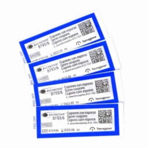 Terragene Spore Coupon Biological Indicator for monitoring Plasma or Vaporized Hydrogen Peroxide processes. Geobacillus stearothermophilus (ATCC 7953) 10⁶ spores per coupon., 보관: 실온 (10-30℃) BT93/6